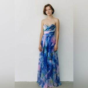 La Femme Size 00 Multi-Color Floral Chiffon Formal Gown Pockets Prom Wedding NEW